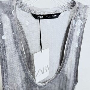 Zara‎ NWT Gray Sequin Sheer Tank Dress Side Slits Sz Small Festive Glam Ethereal
